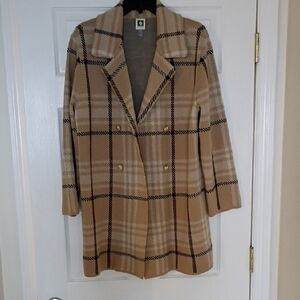 Anne Klein Tan/Black Plaid Sweater Coat, L